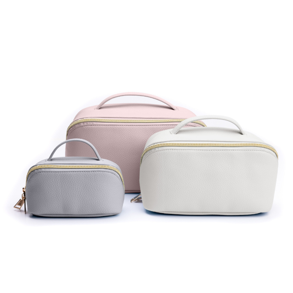 Set of 3 Cosmetic Bags - Pink / Ivory / Gray