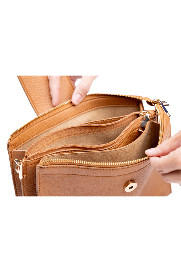Brown leather bag with multiple compartments and zippers on a white background