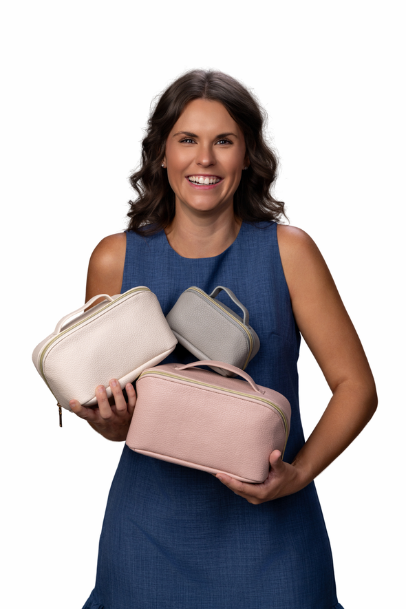 Set of 3 Cosmetic Bags - Pink / Ivory / Gray