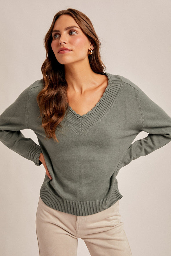 Scallop Edge Sweater - Olive