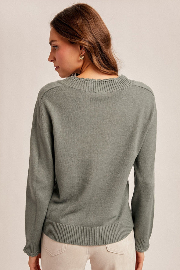 Scallop Edge Sweater - Olive