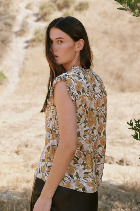 Floral Print Ruffle Blouse - Ivory / Yellow Multi
