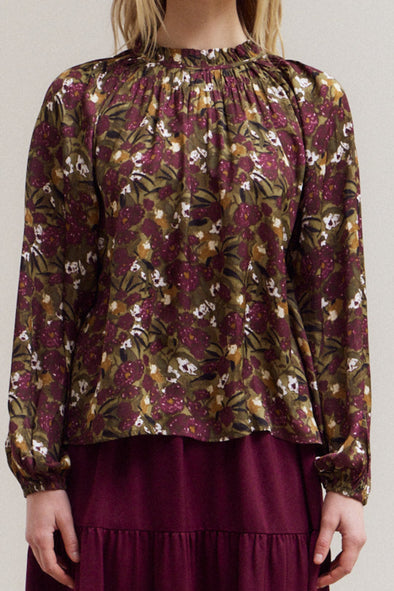 Floral Print Blouse - Olive / Burgundy Multi