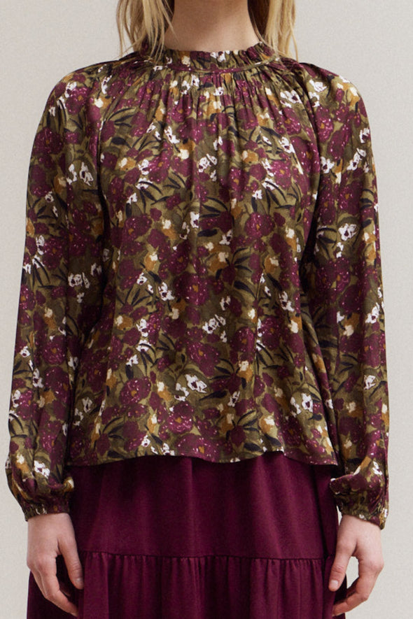 Floral Print Blouse - Olive / Burgundy Multi