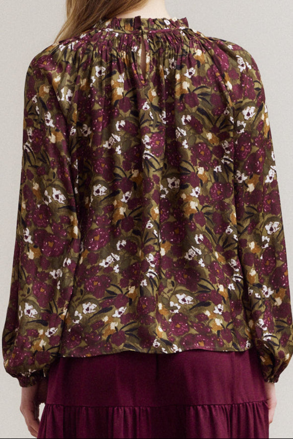 Floral Print Blouse - Olive / Burgundy Multi