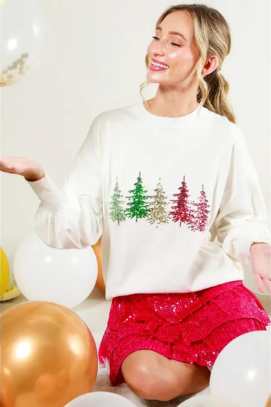 Christmas Tree Sequin Knit Top - Winter White