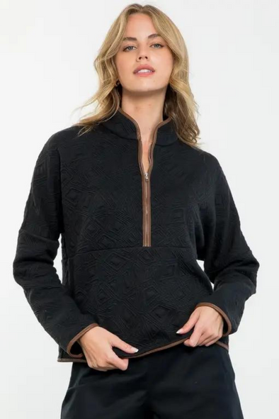 Half Zip Up Textured Pullover - Black