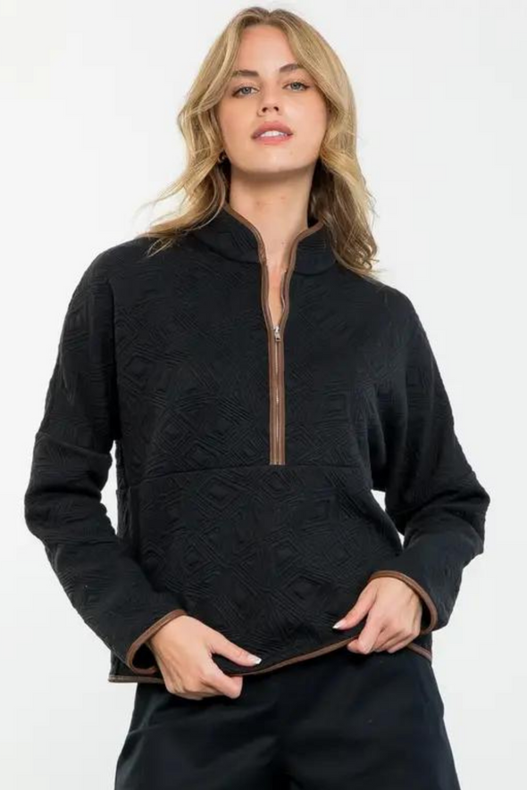 Half Zip Up Textured Pullover - Black