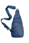 Blue sling bag with a strap on a white background