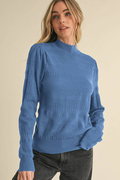 Pointelle Mockneck Sweater - Blue