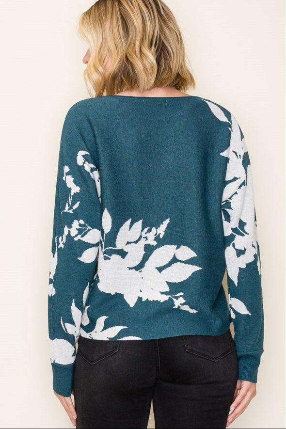 Floral Dolman Sleeve Sweater - Teal